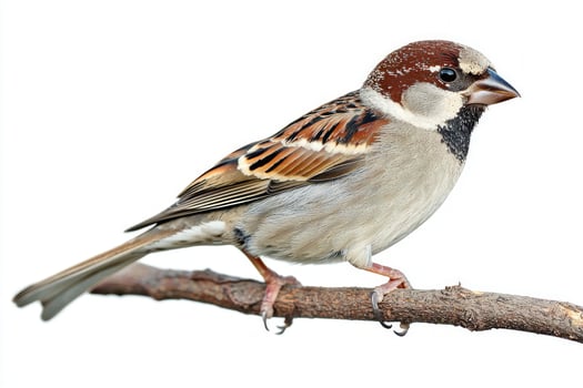 delightful bird rests on a branch, its vibrant brown and gray plumage standing out beautifully. The house sparrow enjoys a moment of calm in an immaculate setting. photo