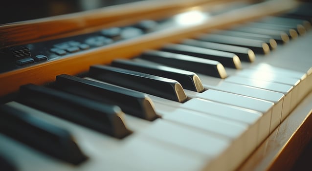 A close up of a piano with the black keys showing. The piano is a wooden instrument with a black and white color scheme. Concept of elegance and sophistication, as the piano is a classic photo