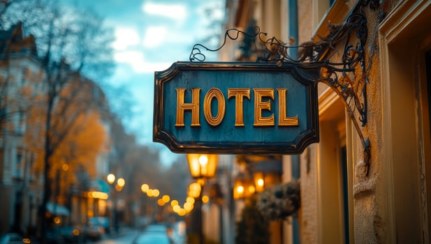 A sign for a hotel hangs on a building. The sign is blue and gold. The sign is illuminated by street lights photo