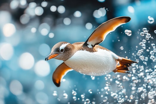 A playful penguin glides gracefully underwater surrounded by bubbles in serene natural light photo