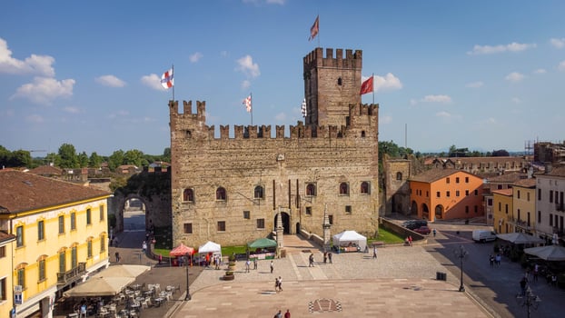 Lower Castle of Marostica, view of the medieval village and chess square of Marostica in Italy photo