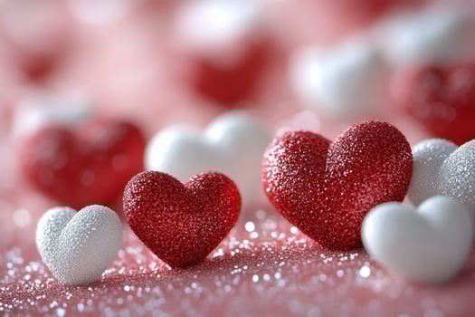 A vibrant collection of sparkling red and white hearts on a soft pink background for a celebration photo