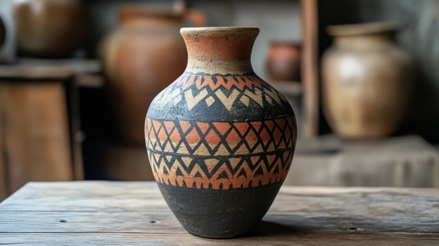 A blue ceramic vase filled with dried flowers on a rustic wooden table in a cozy caf setting photo