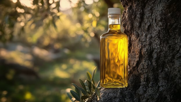 Golden olive oil bottle on an olive tree with lush greenery in the background during sunset photo