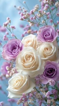 Beautiful arrangement of white and lavender roses with delicate filler flowers on blue background photo
