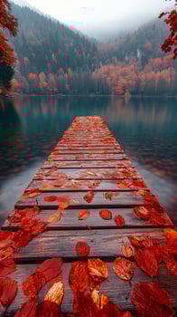 Autumn sunset reflects on calm lake with wooden dock covered in red leaves photo