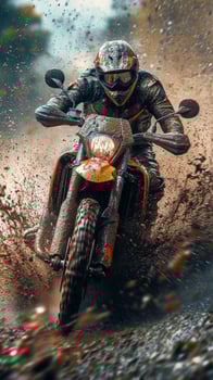 Motocross rider navigating a muddy trail in a forest area during a cloudy day photo