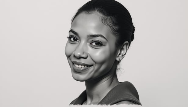 A black African American womans face smiles slightly while looking directly into the camera in a charcoalsketch portrait featuring expressive lines and subtle shading against a neutral white photo