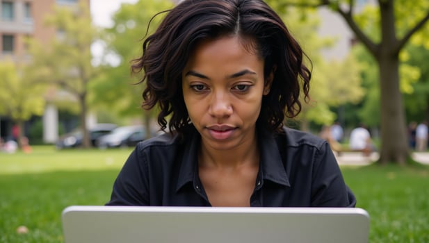 A young woman works outside at a city park with her laptop photo