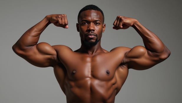 An AfricanAmerican male showcasing muscular physique as a bodybuilder photo