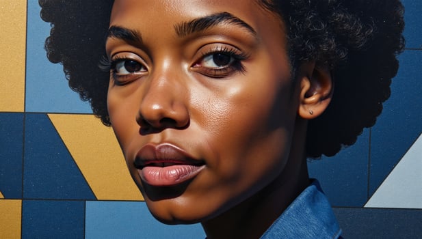 AfricanAmerican woman portrayed in a denim patchwork cubist mural featuring dynamic blue and gold tones photo
