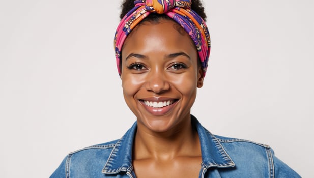 Closeup portrait of a young radiant African American woman wearing a headscarf and a beaming smile photo