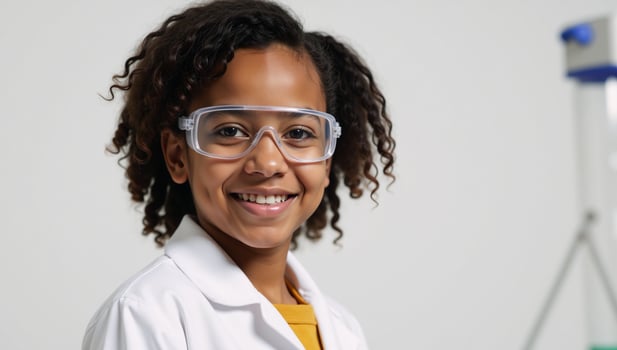 Portrait of an AfricanAmerican schoolgirl in lab with glasses and whitened background photo