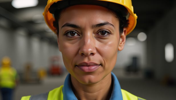 Closeup portrait of an African American woman construction worker in a yellow hardhat and safety vest photo