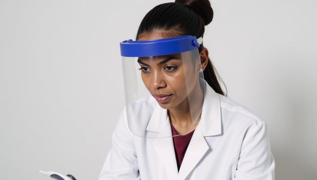 An AfricanAmerican woman worker wears a face shield at work for safety and health care compliance photo