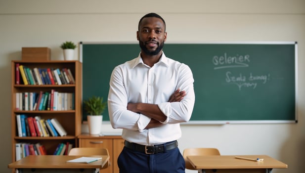 A selfassured black male educator standing assertively in a classroom setting arms folded photo
