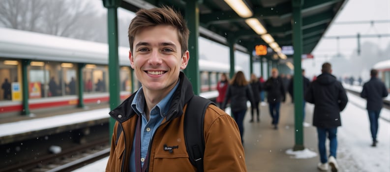 Young man smiles amidst busy winter scene at train station photo