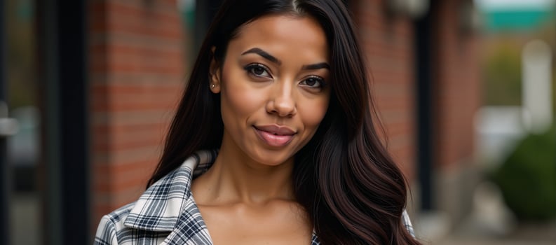 Stylish AfricanAmerican woman in a checkered jacket long hairstyle photo