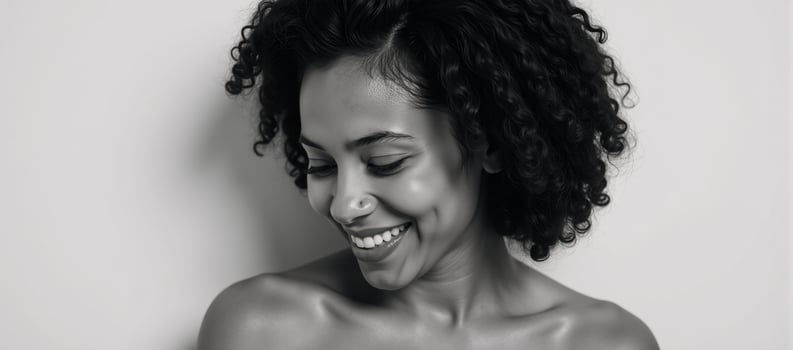 A smiling Black woman with curly hair highlights wears vintage 1930s style in an intimate portrait photo