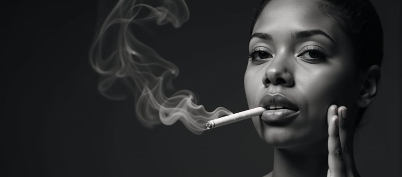 Image portrays a closeup portrait of an African American woman with focus on her face as she smokes during World No Tobacco Day photo