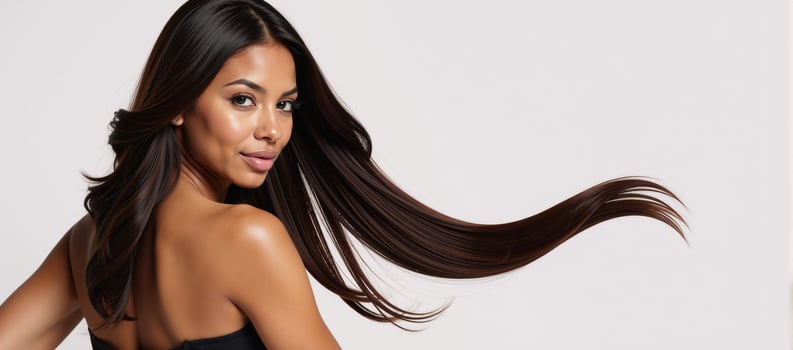In a concept studio photoshoot an African American model exudes elegance while flaunting stylish poses and silky hair extensions photo