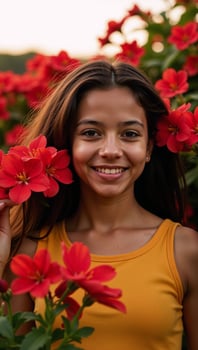 Cartoon portrait of beautiful teenage girl surrounded by red flowers outdoors AfricanAmerican photo