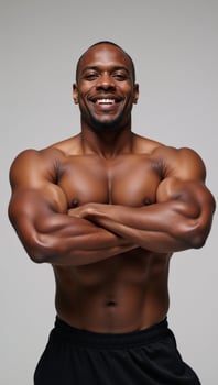 An athletic Black man stands with crossed arms and a smile against a backdrop photo