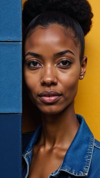 AfricanAmerican woman portrayed in a denim patchwork cubist mural featuring dynamic blue and gold tones photo