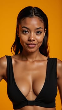 A captivating ethnic cultural portrait features a beautiful mixedrace woman against an orange backdrop showcasing her confidence elegance and stylish appeal photo