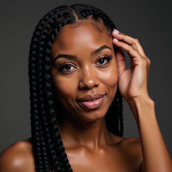 A portrait featuring an AfricanAmerican woman with long braids and expressive eyelashes striking a thoughtful pose with one hand on her head photo