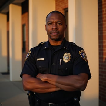 A confident police officer stands outside in an authoritative pose photo