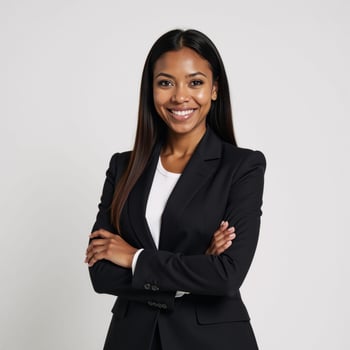 An African American professional woman is depicted in an office suit against a clean white backdrop photo