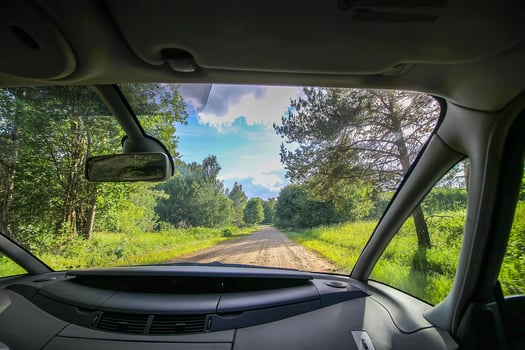 View of forest road through car glass. photo