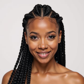 Stunning AfricanAmerican beauty with braids flawless makeup and a captivating gaze in a concept portrait photo