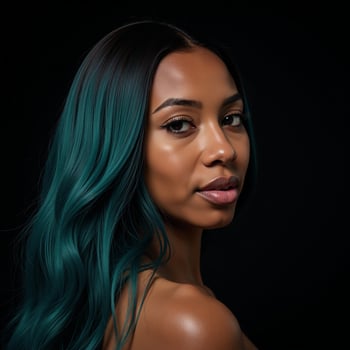A closeup portrait featuring an Afro woman with tealsapphire hair against a black backdrop highlighted by professional light and makeup techniques photo