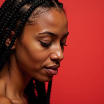 Closeup portrait of a radiant Black woman with long braids in a vibrant coral backdrop eyes closed gazing downwards photo