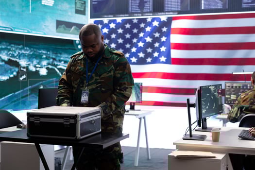 Military personnel team in a high tech command center examining cctv surveillance footage, control surveillance systems and protect sensitive data. American soldiers ensuring national security. photo