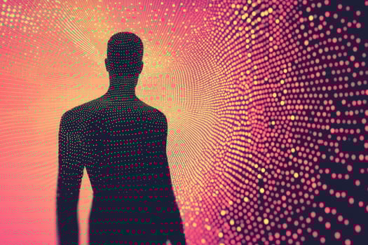 A silhouette of a man standing in front of a glowing dot pattern photo