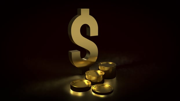The gold dollar symbol and coins on black background 3d rendering. photo