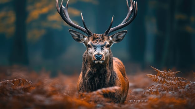 Majestic red deer stag standing in autumn fern looking at camera photo
