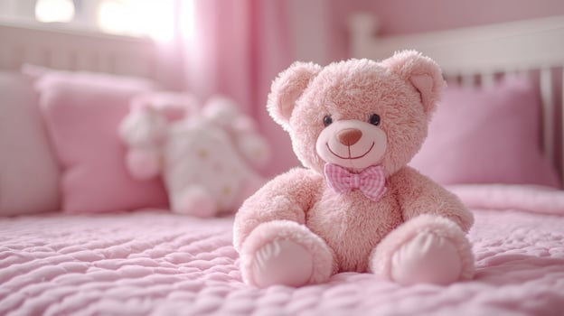Teddy bear sitting on a cot in a pink bedroom for baby girl photo
