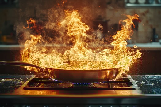 Large flames engulfing pan while cooking in restaurant kitchen photo