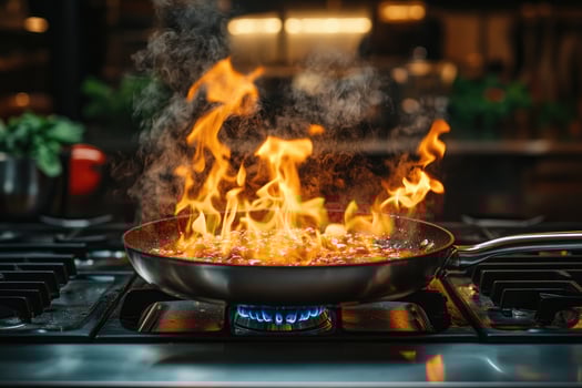 Large flames engulfing pan while cooking in restaurant kitchen photo