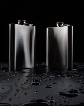Two stainless steel flasks on a black background with water drops. photo
