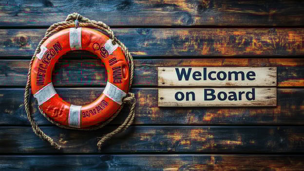 Welcome on board sign with lifebuoy on wooden wall photo