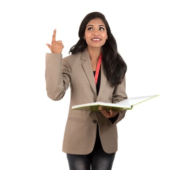 thoughtful woman student, teacher or business lady holding books and showing ok sign on white background photo