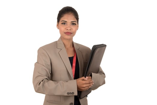 Young happy business woman holding folder photo