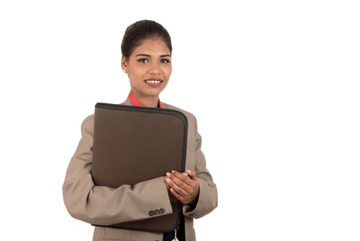 Young happy business woman holding folder photo
