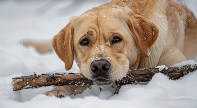 Labrador Retriever Chewing Stick in Snowy Forest photo