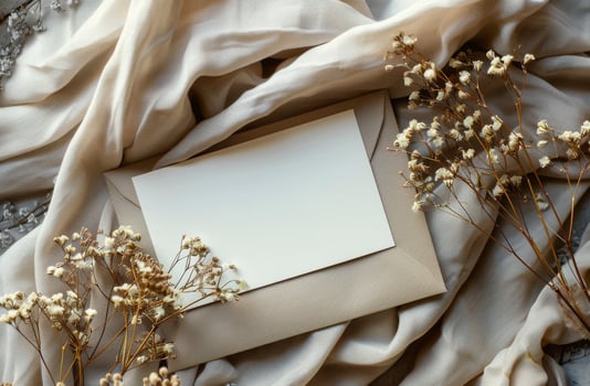 Blank White Card On Beige Fabric With Dried Flowers photo